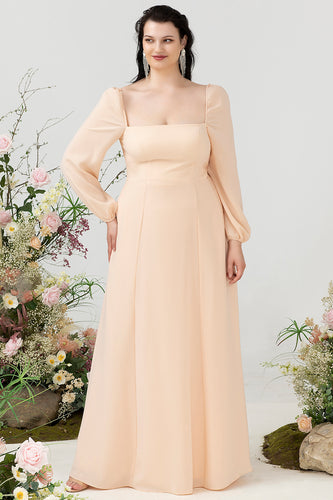 Square Neck Peach Long Plus Size Bridesmaid Dress with Sleeves