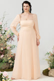 Square Neck Peach Long Plus Size Bridesmaid Dress with Sleeves