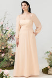 Square Neck Peach Long Plus Size Bridesmaid Dress with Sleeves