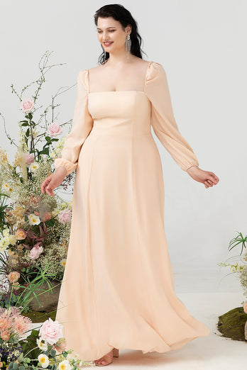 Square Neck Peach Long Plus Size Bridesmaid Dress with Sleeves