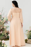 Square Neck Peach Long Plus Size Bridesmaid Dress with Sleeves