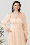 Square Neck Peach Long Plus Size Bridesmaid Dress with Sleeves