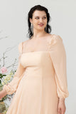 Square Neck Peach Long Plus Size Bridesmaid Dress with Sleeves