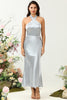 Load image into Gallery viewer, Sheath Halter Neck Silver Long Bridesmaid Dress
