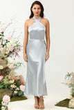 Sheath Halter Neck Silver Long Bridesmaid Dress