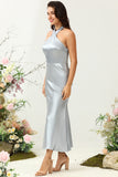 Sheath Halter Neck Silver Long Bridesmaid Dress