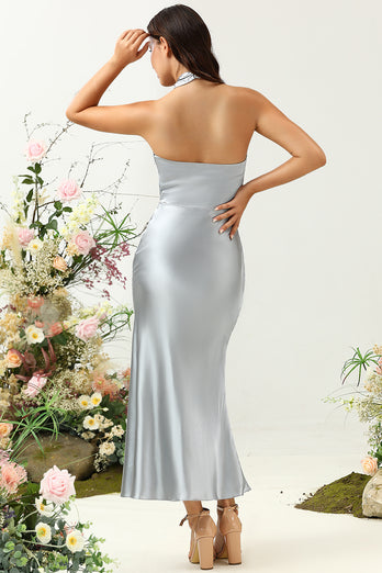 Sheath Halter Neck Silver Long Bridesmaid Dress