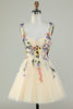Load image into Gallery viewer, A Line Spaghetti Straps Champagne Short Formal Dress with Appliques
