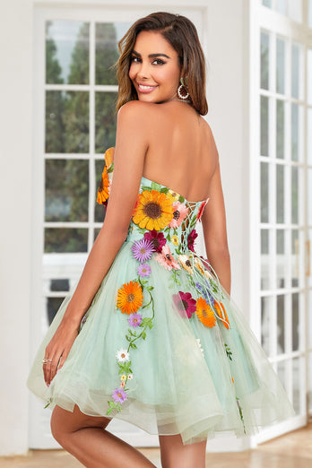 Champagne Strapless Short Formal Dress with 3D Flowers
