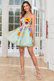 Champagne Strapless Short Formal Dress with 3D Flowers