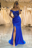 Beaded Royal Blue Corset Formal Dress with Slit