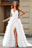 Load image into Gallery viewer, A-Line Spaghetti Straps White Tiered Wedding Dress with Slit