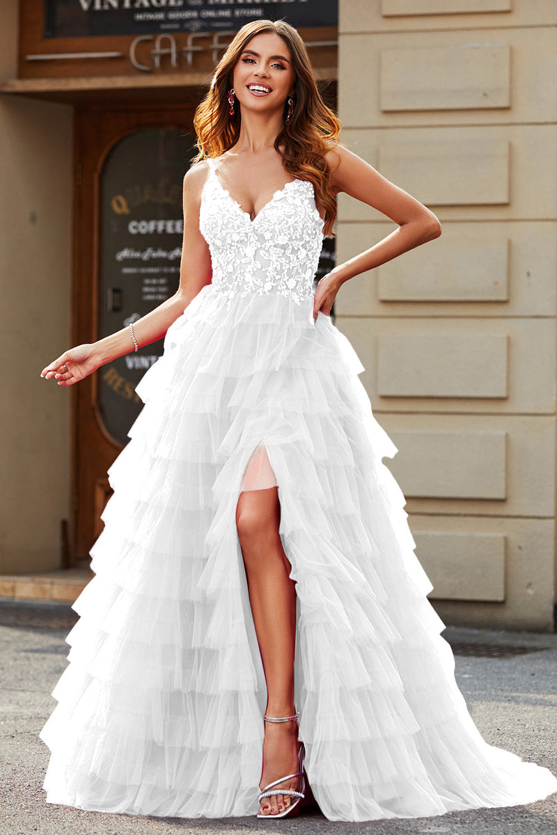 Load image into Gallery viewer, A-Line Spaghetti Straps White Tiered Wedding Dress with Slit