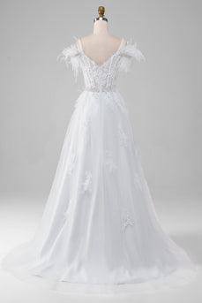 Rhinestones Accents White Corset Wedding Dress with Appliques