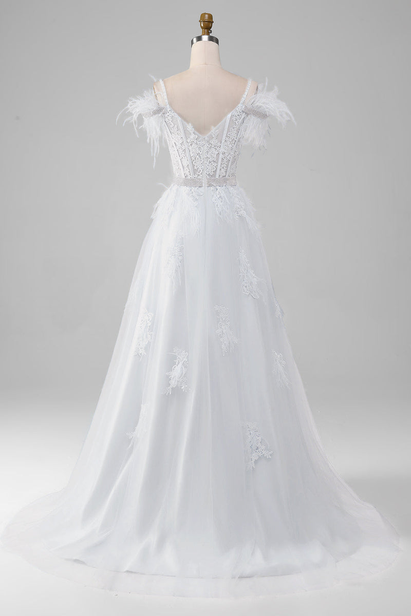 Load image into Gallery viewer, Rhinestones Accents White Corset Wedding Dress with Appliques