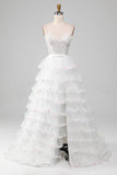 White A-Line Sparkly Sequin Ruffle Skirt Corset Formal Dress With Slit