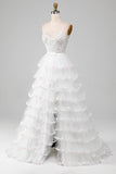 White A-Line Sparkly Sequin Ruffle Skirt Corset Formal Dress With Slit