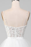 White A-Line Sparkly Sequin Ruffle Skirt Corset Formal Dress With Slit