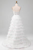 Load image into Gallery viewer, White A-Line Sparkly Sequin Ruffle Skirt Corset Formal Dress With Slit