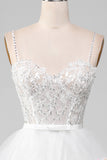 White A-Line Sparkly Sequin Ruffle Skirt Corset Formal Dress With Slit