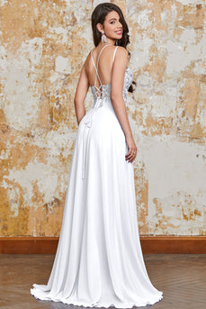 A-Line White Long Formal Dress with Slit