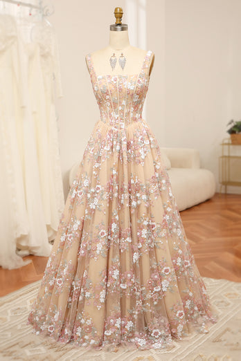Charming A Line Square Neck Champagne Corset Formal Dress with Appliques