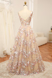 Charming A Line Square Neck Champagne Corset Formal Dress with Appliques