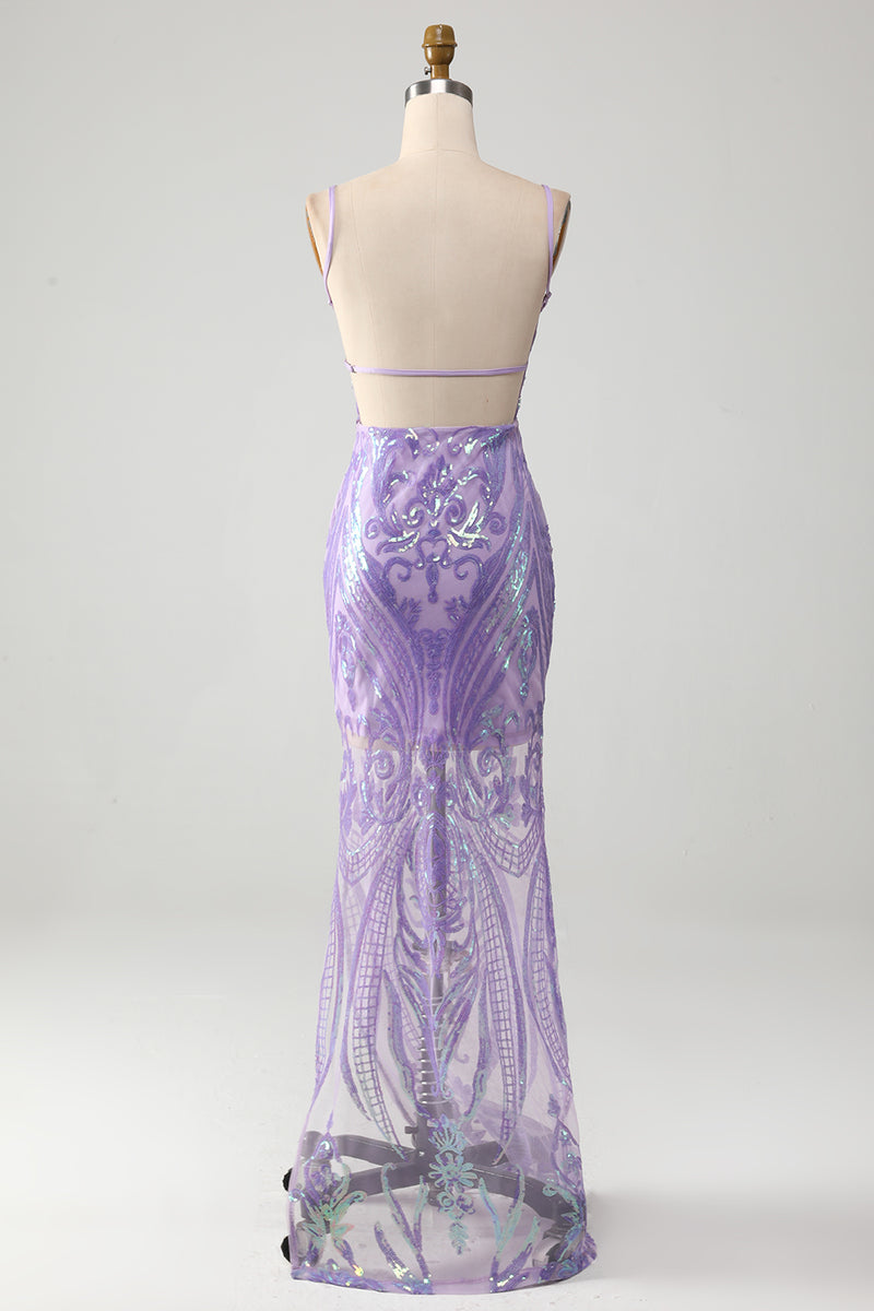 Load image into Gallery viewer, Trendy Sheath Spaghetti Straps Light Purple Long Formal Dress with Backless