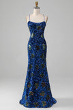 Sparkly Mermaid Spaghetti Straps Royal Blue Sequins Long Formal Dress with Criss Cross Back