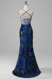 Sparkly Mermaid Spaghetti Straps Royal Blue Sequins Long Formal Dress with Criss Cross Back