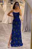 Royal Blue Mermaid Spaghetti Straps Sequins Formal Dress With Slit