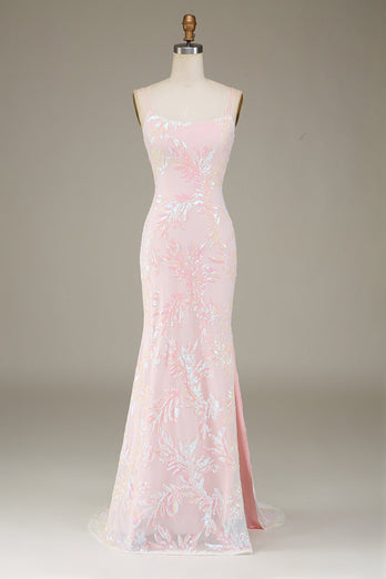 Trendy Sheath Spaghetti Straps Pink Long Formal Dress with Split Front