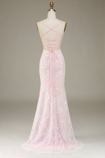 Trendy Sheath Spaghetti Straps Pink Long Formal Dress with Split Front