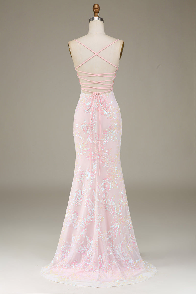 Load image into Gallery viewer, Trendy Sheath Spaghetti Straps Pink Long Formal Dress with Split Front