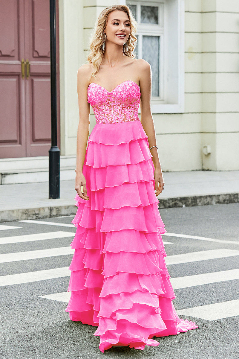 Load image into Gallery viewer, Gorgeous A Line Sweetheart Corset Hot Pink Formal Dress with Appliques Ruffles