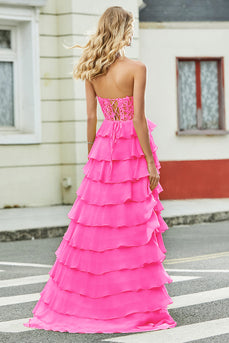 Gorgeous A Line Sweetheart Corset Hot Pink Formal Dress with Appliques Ruffles