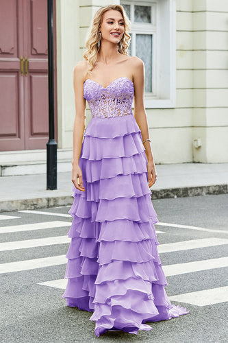 Gorgeous A Line Sweetheart Corset Lilac Formal Dress with Appliques Ruffles