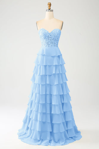 Sky Blue A-Line Sweetheart Tiered Corset Long Formal Dress