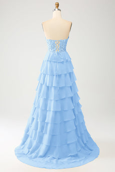 Sky Blue A-Line Sweetheart Tiered Corset Long Prom Dress