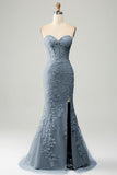 Mermaid Grey Blue Sweetheart Corset Appliques Formal Dress With Side Slit