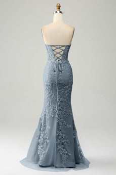 Mermaid Grey Blue Sweetheart Corset Appliques Formal Dress With Side Slit