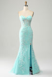 Mermaid Grey Blue Sweetheart Corset Appliques Formal Dress With Side Slit