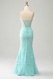 Mermaid Grey Blue Sweetheart Corset Appliques Formal Dress With Side Slit