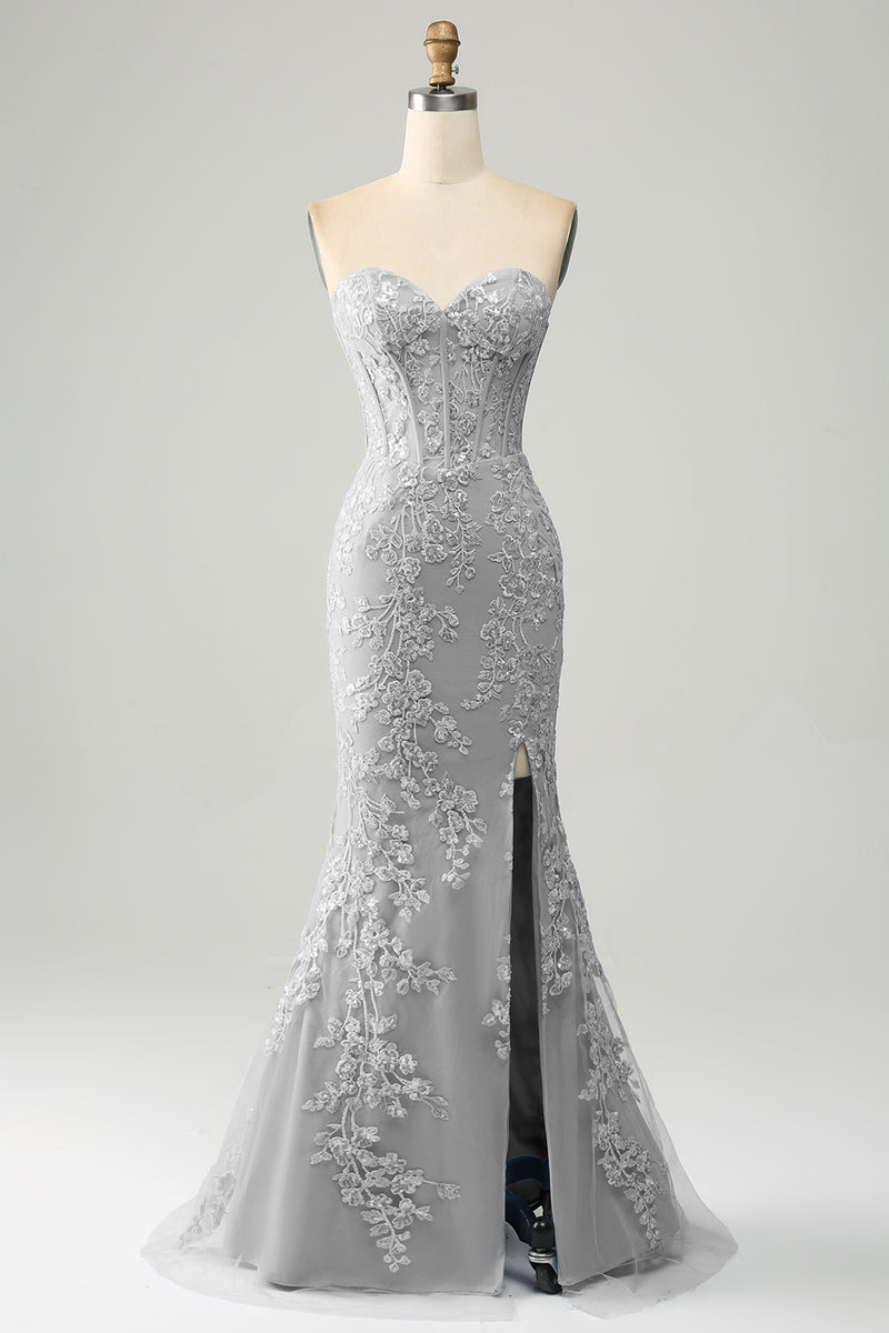 Load image into Gallery viewer, Mermaid Grey Blue Sweetheart Corset Appliques Formal Dress With Side Slit