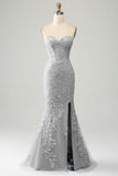 Mermaid Grey Blue Sweetheart Corset Appliques Formal Dress With Side Slit