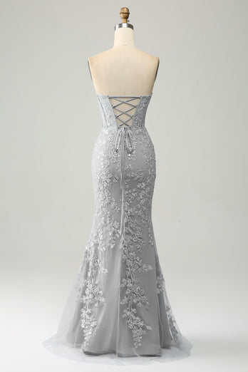 Mermaid Grey Blue Sweetheart Corset Appliques Formal Dress With Side Slit
