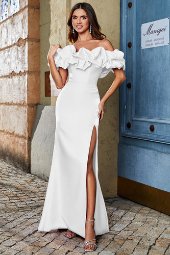 Mermaid Off the Shoulder White Formal Dress with Slit Front