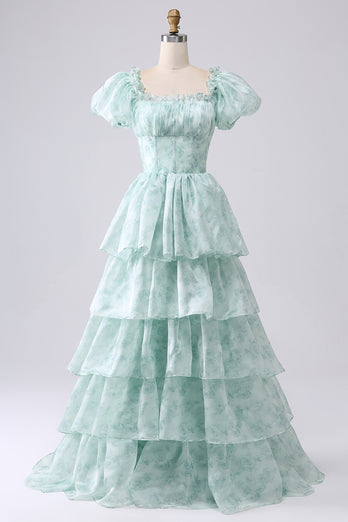 A Line Square Neck Light Blue Tiered Floral Long Formal Dress with Ruffles