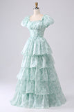 A Line Square Neck Light Blue Tiered Floral Long Formal Dress with Ruffles