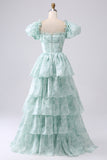 A Line Square Neck Light Blue Tiered Floral Long Formal Dress with Ruffles